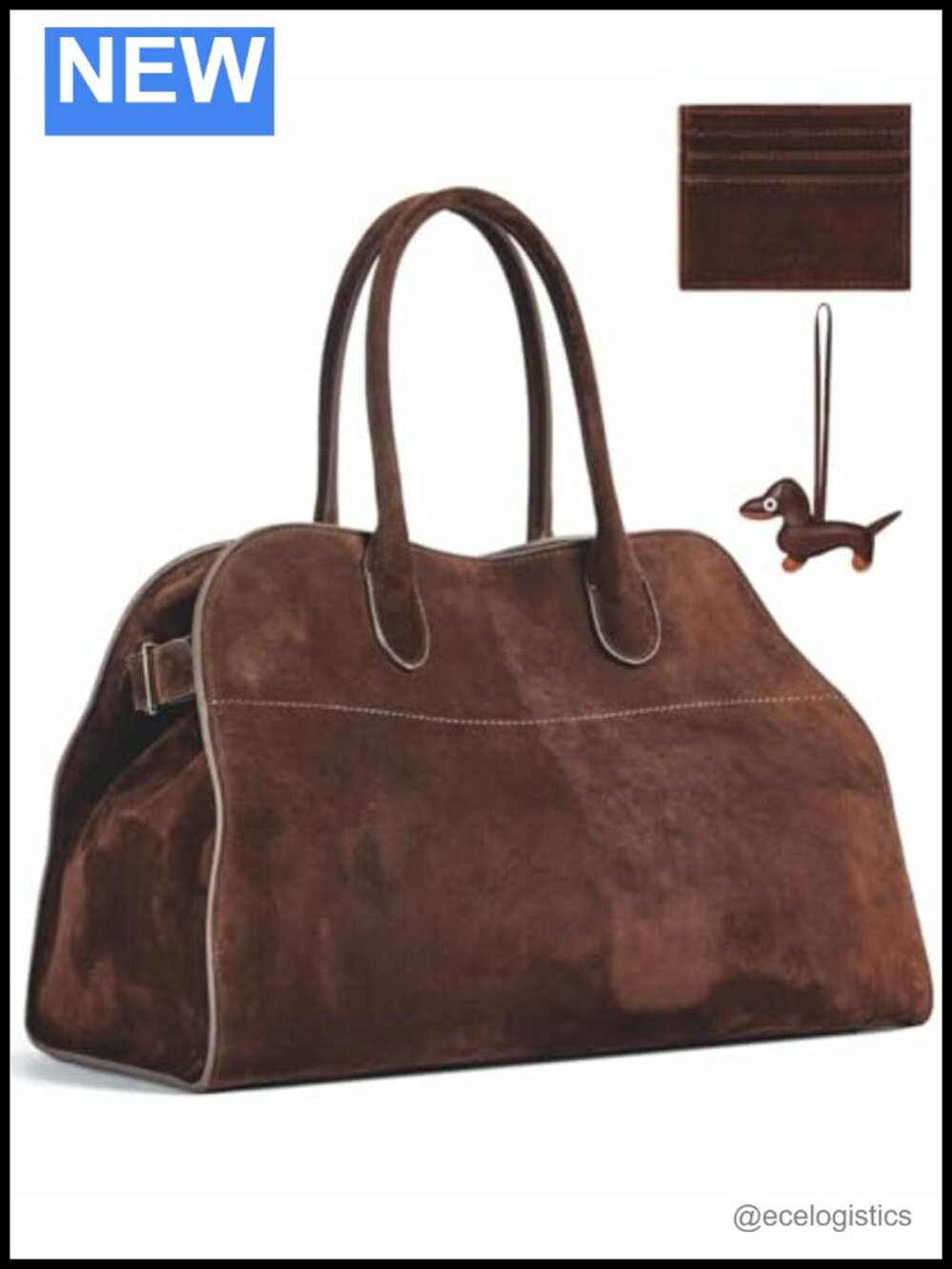 Hand-Sewn Genuine Suede Hobo Tote with Puppy Charm and Card Holder